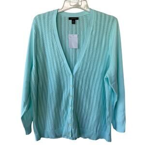 NEW! Lands' End women's open-stitch cotton cardigan sweater in aqua blue Size 3X